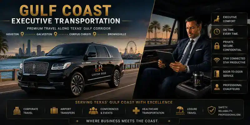 Lincoln Navigator Gulf Coast executive transportation service featuring luxury private travel along the Texas coast, executive comfort, airport transfers, conferences, healthcare transportation, and Lavish Ride chauffeur branding.